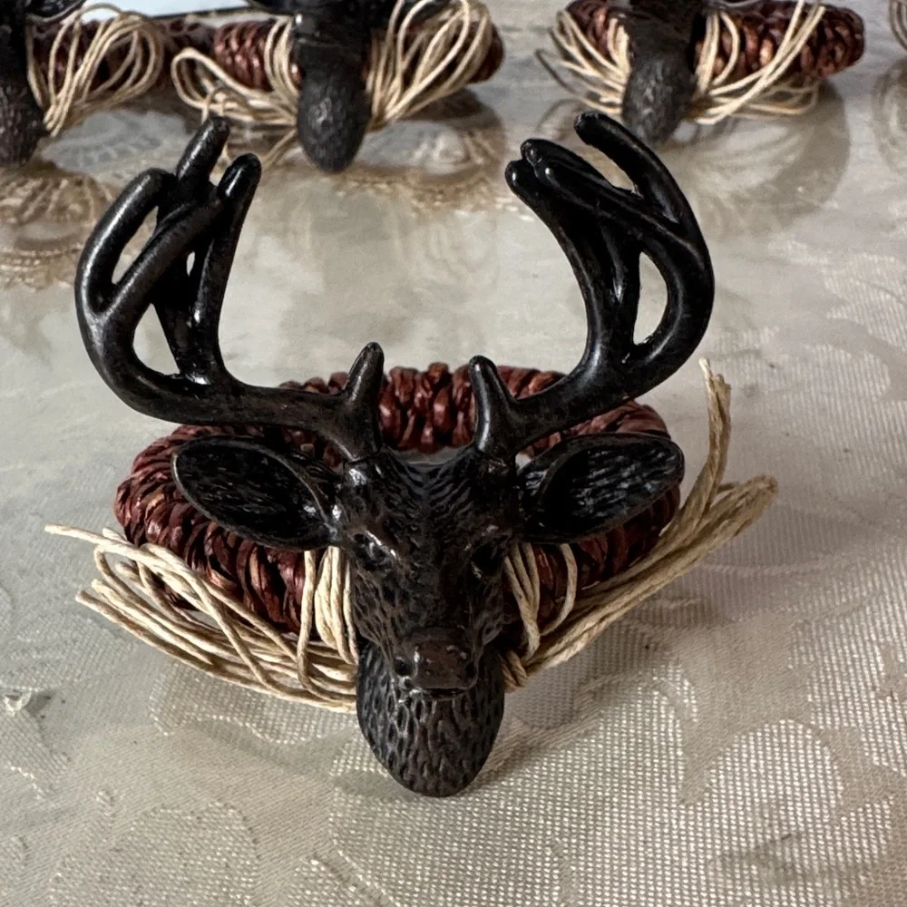 Mudpie Deer Napkin Ring Metal Jute Lodge Rustic 4 Piece set